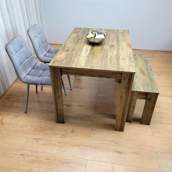 Kosy Koala Dining Table Set for 4 Rustic Effect Dining Table With 2 Grey Velvet Chairs and 1 Matching Bench