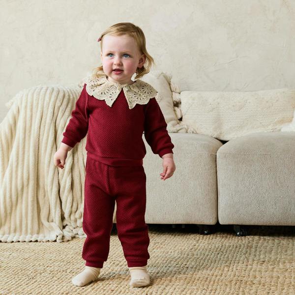 Mini Cuddles Baby Girls Broderie Collar Top & Joggers Set, Burgundy