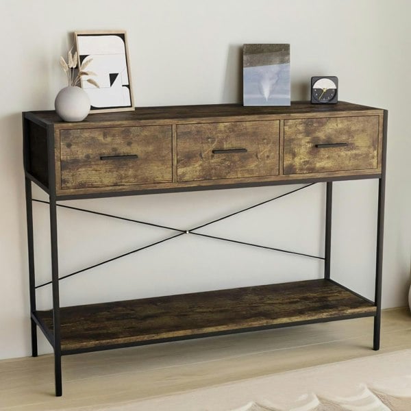 Rafaelo Mobilia 3 Drawer Industrial Console Table Dark Wood