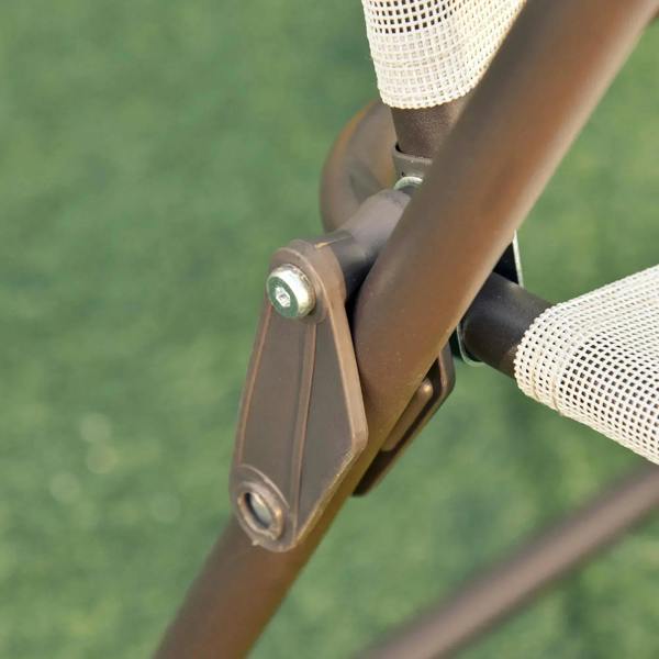 Parasol frame hinge with beige fabric canopy and metal locking joint