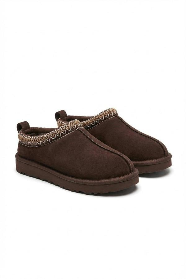 Ravina Chunky Slip On Suede Slippers With Stitch Detail - Brown_wb