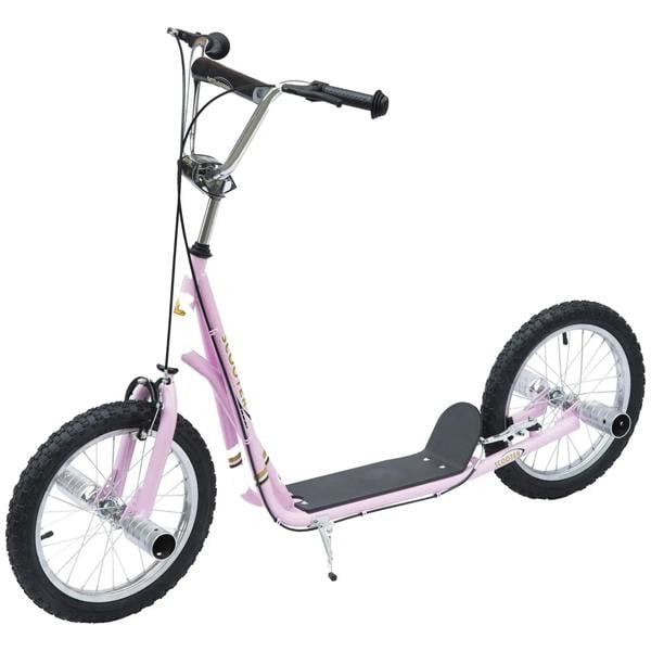 Pink kids stunt scooter with black tires and front wheel, black handlebar