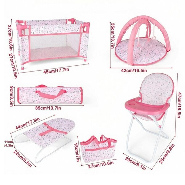 deAO Toys 4-in-1 Baby Doll Pretend Play Set - Highchair, Bed, Cradle & Play Mat, Durable Role Play Furniture(Doll Not Included)
