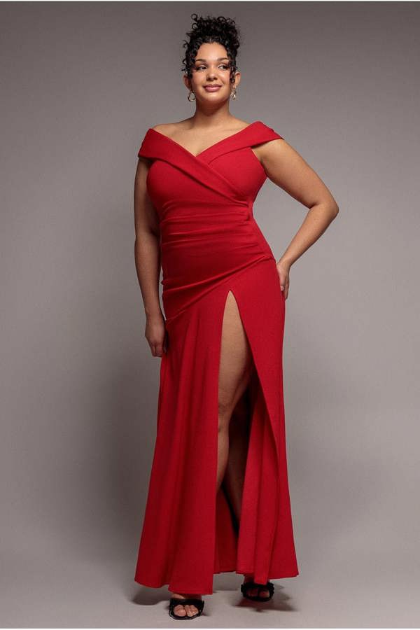Goddiva Plus Scuba Crepe Off Shoulder Front Split Maxi Dress - Red by Goddiva Plus