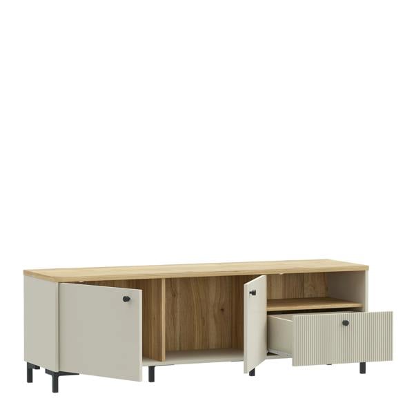 Furniture To Go Bixbite Wide TV Unit with Fluted Drawer, Open Shelf & Cupboard in Mauvella Oak and Sand