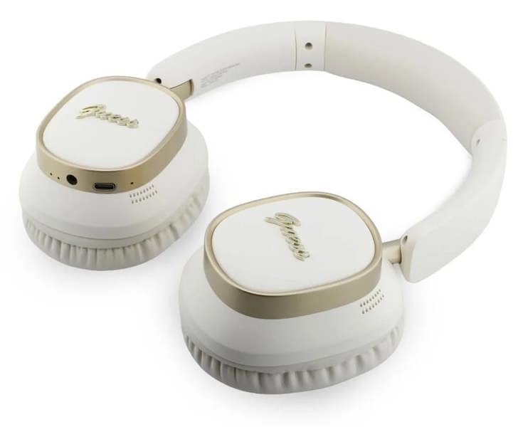 Guess Rectangle Metal Script Logo ENC On Ear Wireless Headphone White - GUBHV28HGCSME