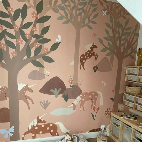 Roomblush Nursery Unicorn 6 Lane Repeatable Wallpaper Mural 300 x 285cm, Blush Pink
