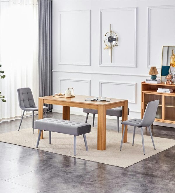 Kosy Koala Dining Table and 2 Chairs With 2 Benches Oak Effect Wood Table 2 Grey Velvet Chairs Dining Room