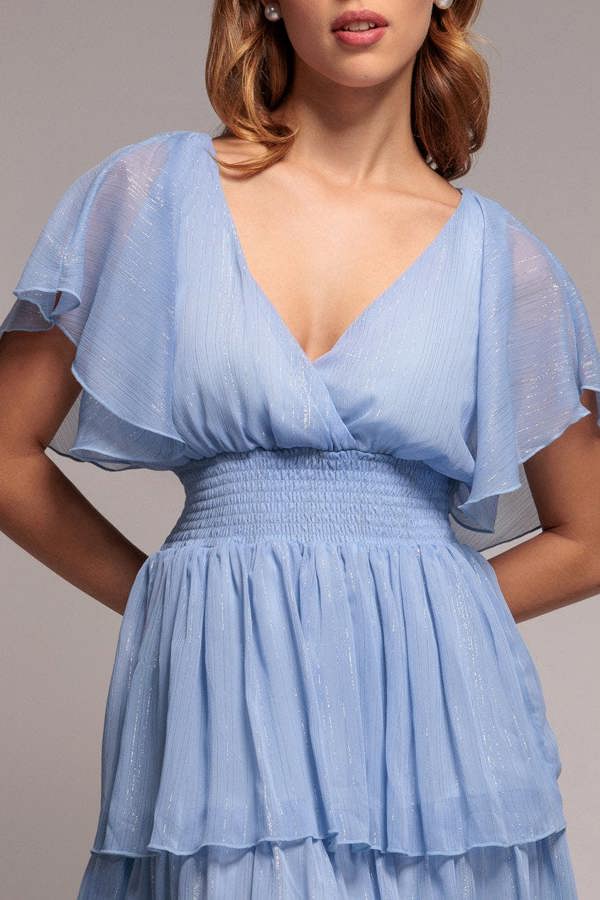 Plain Lurex Chiffon Tiered Dress - Light Blue DR3905QZ