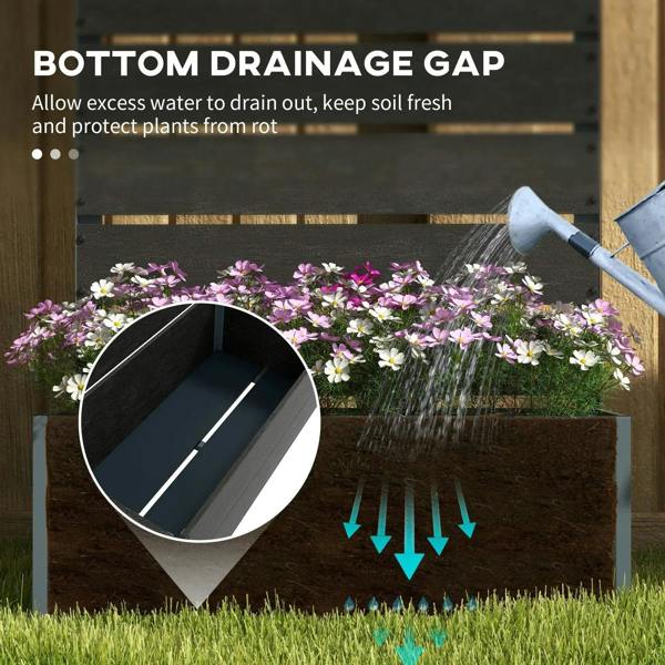 Black planter box with back trellis and bottom drainage gap, showing open base view