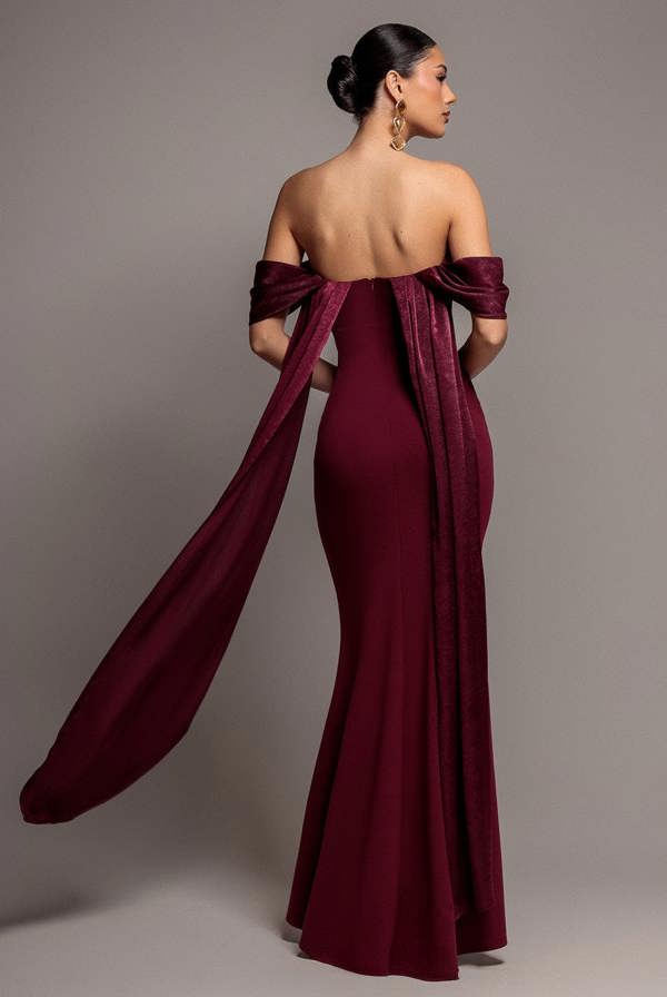 Off Shoulder Velvet Satin Wing Cape Maxi Dress - Burgundy DR5079