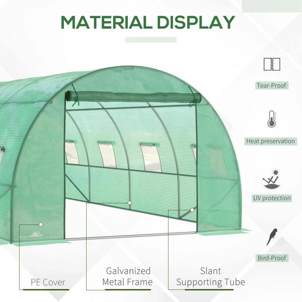 Green walk-in greenhouse front with mesh window panels and arched frame close-up