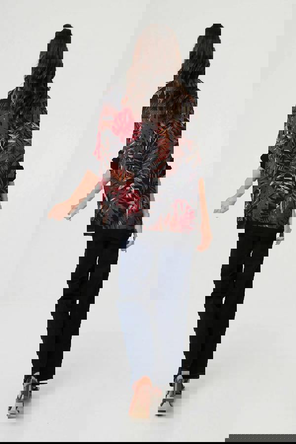 Black | Leaf Print 3/4 Sleeve Relaxed Tunic Top