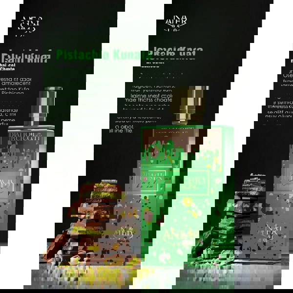 Anfar 1950 Pistachio Kunafa Dubai Chocolate 80ml with chocolate and branding