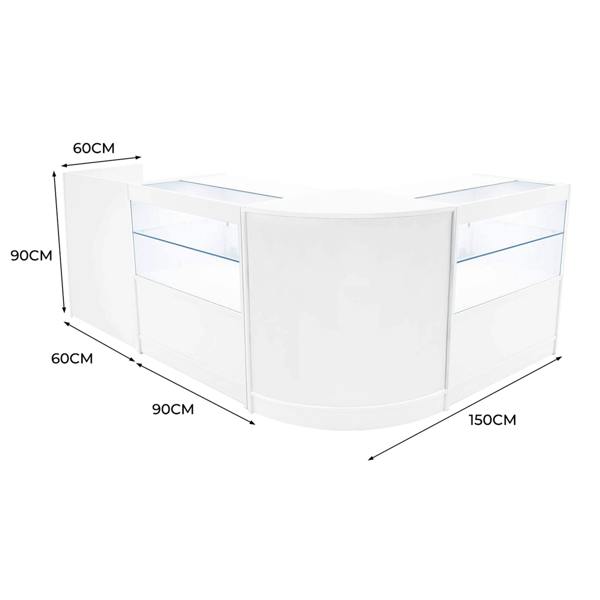 Curved white LED shop counter set with glass display sections, measuring 150cm wide, 90cm high, and 60cm deep, ideal for retail use