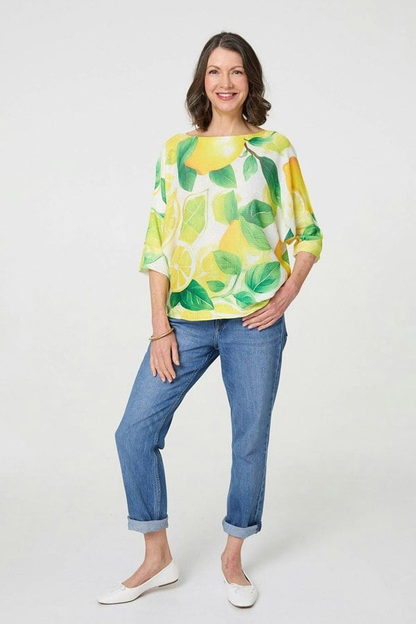 Yellow | Leaf Print 3/4 Sleeve Knit Texture Top
