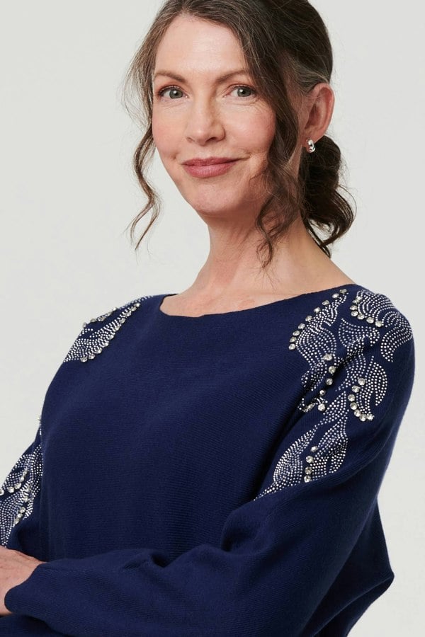 Navy | Sparkly Embellished Long Sleeve Knit Top