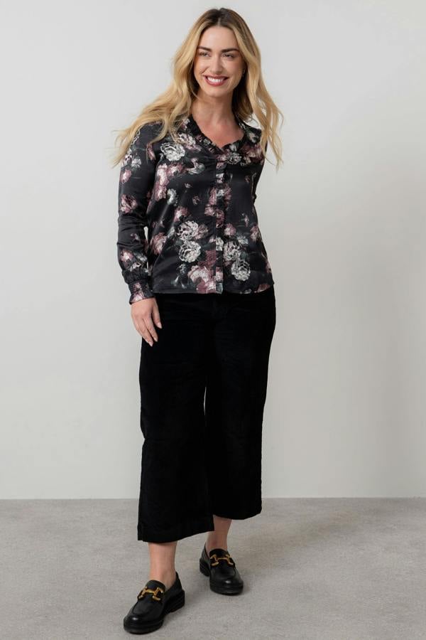 Lily & Me Kit Ruffle Satin Blouse Black