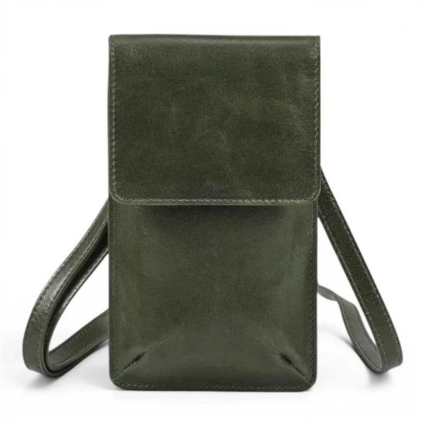 Wholesale green leather phone bag crafted from premium real leather
with magnetic flap closure.