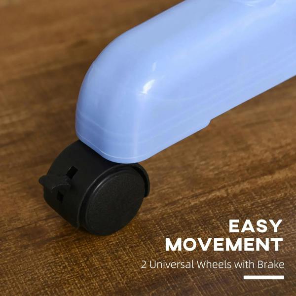Foldable 4-tier drying rack with blue wheel base and brake caster, close-up.