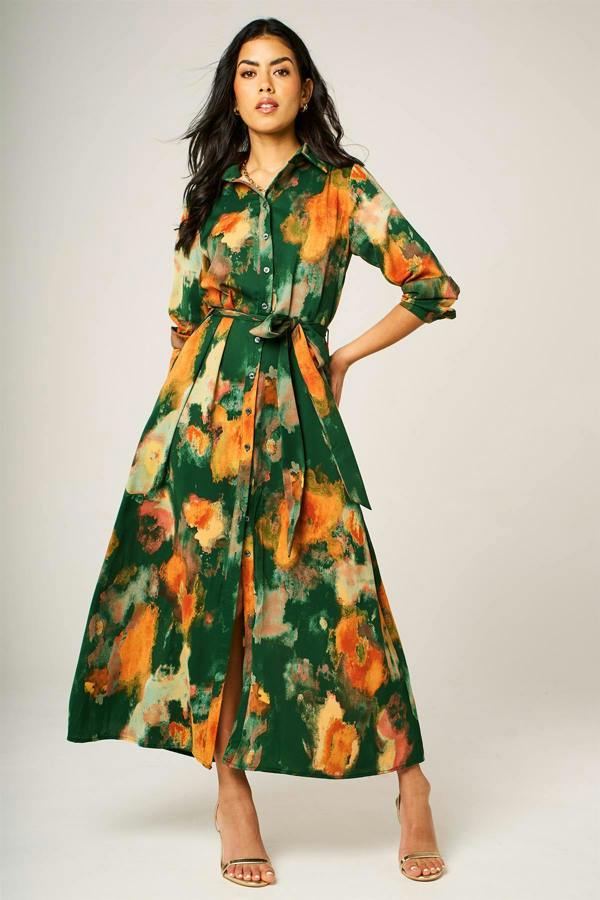 FS Collection Abstract Floral Long Sleeve Belted Shirt Dress In Green