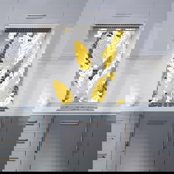 Warren Reed - Designer Yellow Grey Feather Leaves Kitchen Splashback