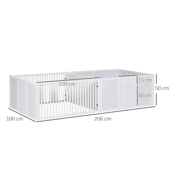 White 7-panel dog whelping playpen with two-door layout and slatted inner gate