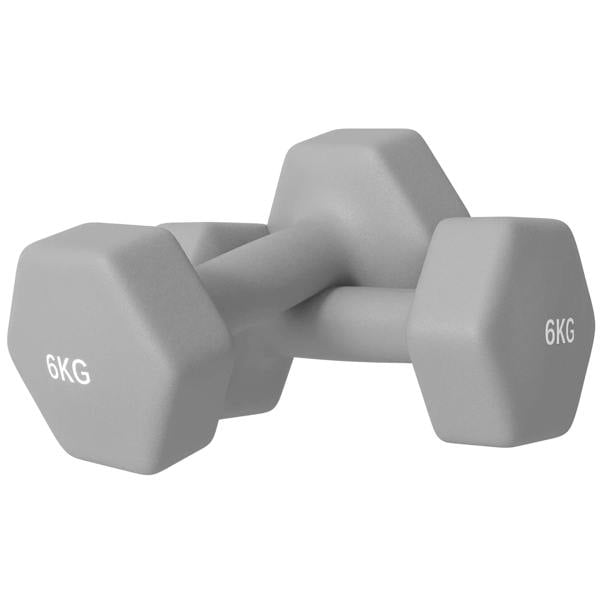 Grey 6kg hexagonal dumbbell pair with non-slip grip handles