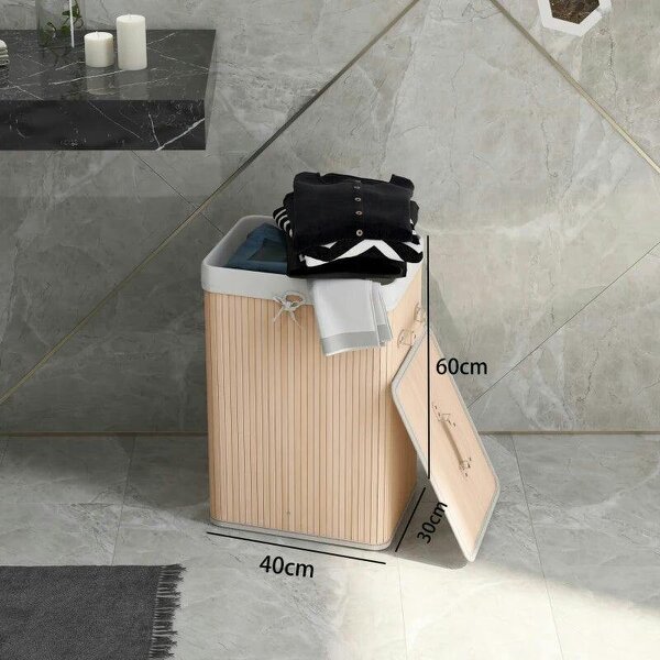 70L Collapsible Bamboo Laundry Hamper Organizer Clothes Washing Basket Bin Storage Box w/ Lid Removable Lining