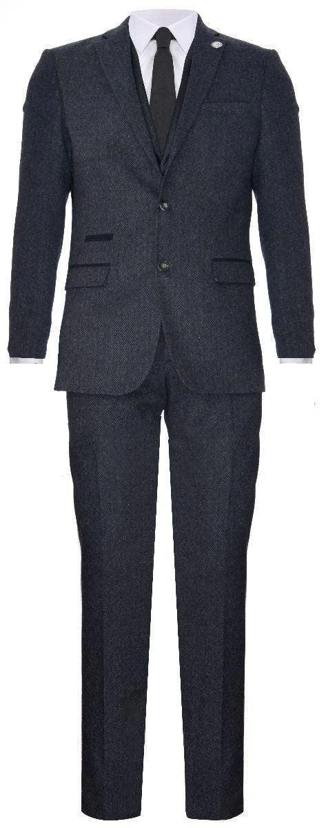 TruClothing Men's 3 Piece Charcoal Grey Herringbone Tweed Suit