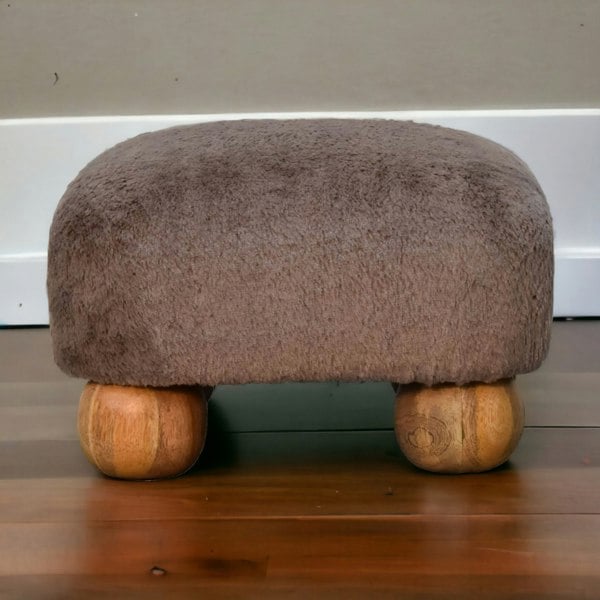 Artisan Furniture Solid Wood Mocha Faux Fur Nordic Footstool