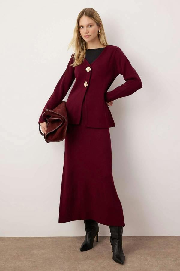 2-Piece Gold Button Detail V Neck Knitted Cardigan and Skirt Co-ord