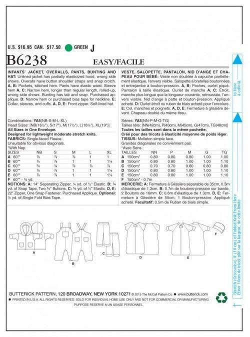 Butterick Sewing Pattern 6238, Dungarees, Headwear, Jackets, Trousers for Baby, All Sizes In One Envelope - Easy