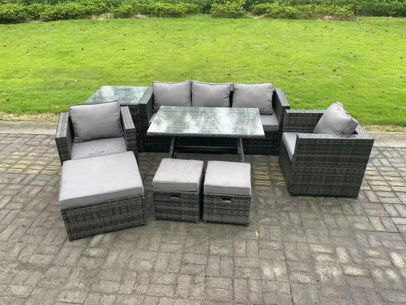 Fimous Rattan Outdoor Furniture Sofa Garden Dining Set with Dining Table 2 Armchairs Side Table 3 Stools 8 Seater Dark Grey Mixed