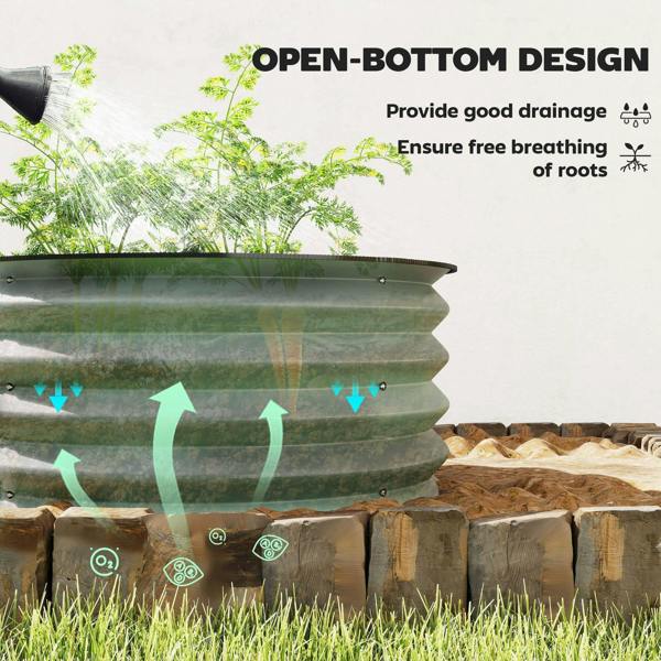 Green open-bottom ribbed metal planter box for drainage