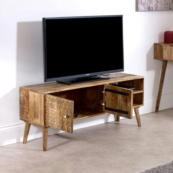 IH Design Zenon Light Mango Wood TV Stand with 2 Doors & 2 Shelves