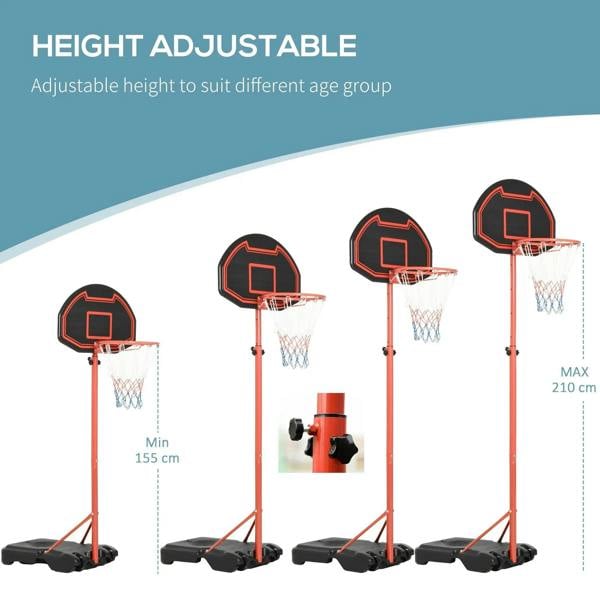 Adjustable height portable basketball hoop with red pole and black base platform