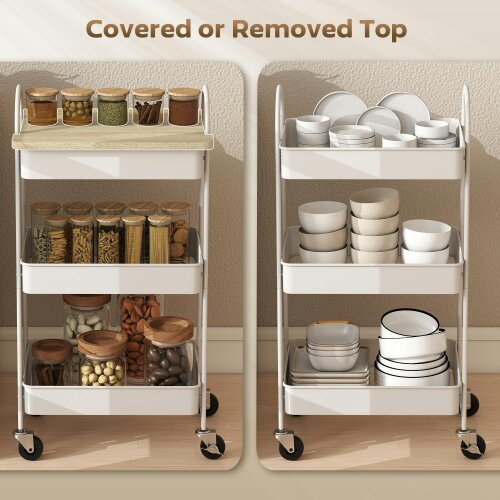 Wyld Haus Satoro Wooden White And Oak 3 Tier Kitchen Trolley With Covered Top