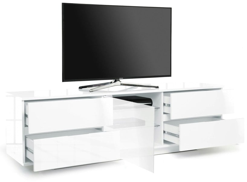 Centurion Supports AVITUS ULTRA White BeamThru Gloss Finish with 4-White Drawers and White Door 32"-65" Flat Screen TV Cabinet