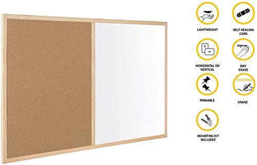 KAV - White Board and Cork Board (2 in 1) with Wooden Frame | Notice Boards Wall Mounted & Dry Erase Office Memo School Home
