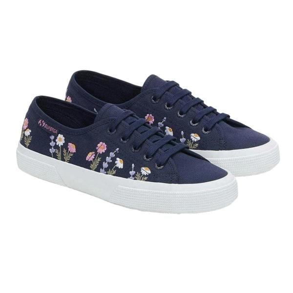 Superga Womens/Ladies 3750 Leggera Floral Embroidery Trainers - Blue Navy/White/Violet Lilla - 