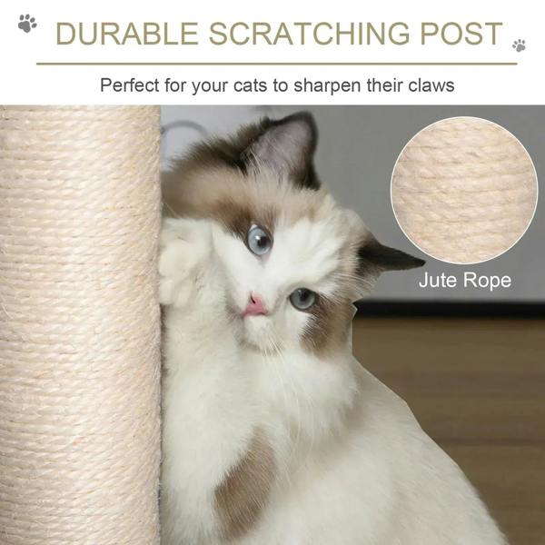 Jute rope scratching post on a grey cat tree plush pole section