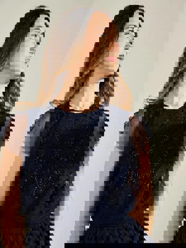 GWD Zoey Sparkle Navy Mesh Embellished Top