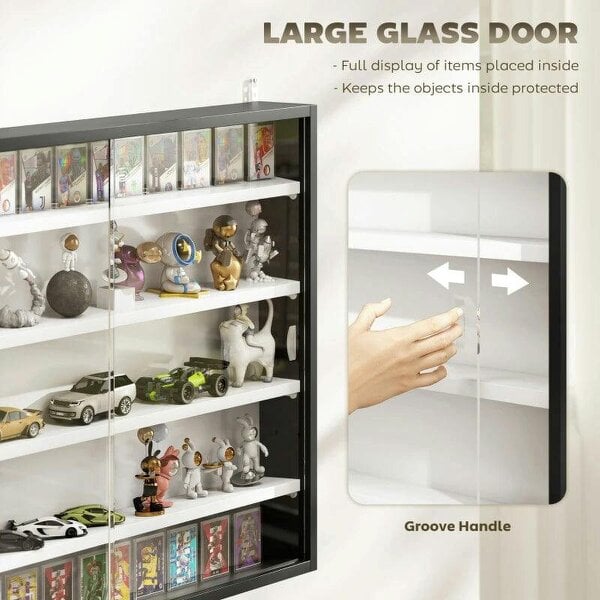 5-Tier Wall Display Cabinet, Wall Mounted Display Case w/ 4 Adjustable Shelves, Glass Doors, 60x80cm, Black and White