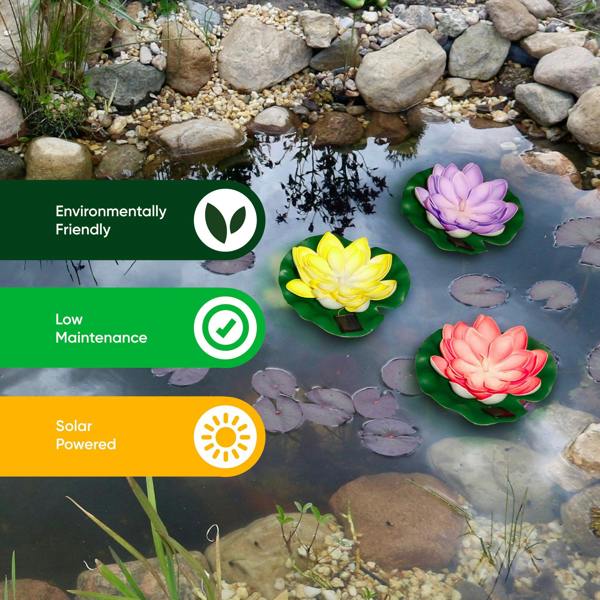Gardenwize Pack of 3 Solar Floating Lotus Lights – Warm White LED Pond Lights