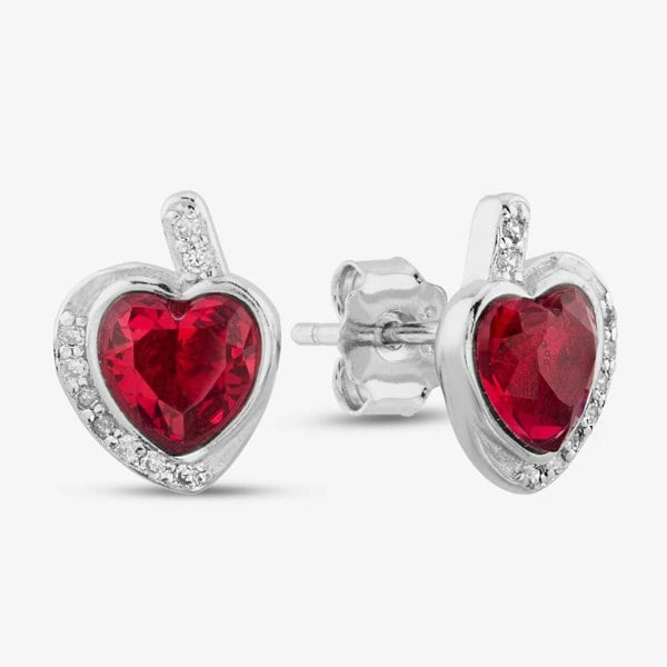 T. H. Baker Silver Red Cubic Zirconia Wrapped Heart Stud Earrings E614598