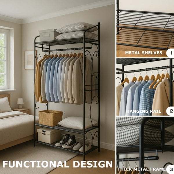 Storvo Heavy Duty Large Metal Clothes Rail Open Wardrobe With 2 Storage Shelves