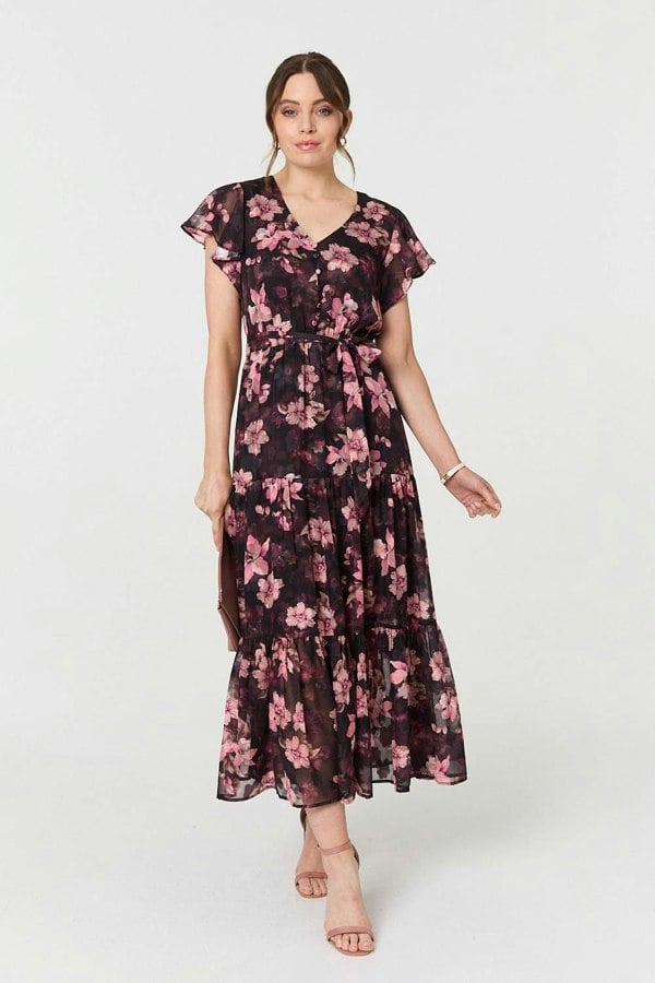 Black | Floral Angel Sleeve Tie Waist Maxi Dress
