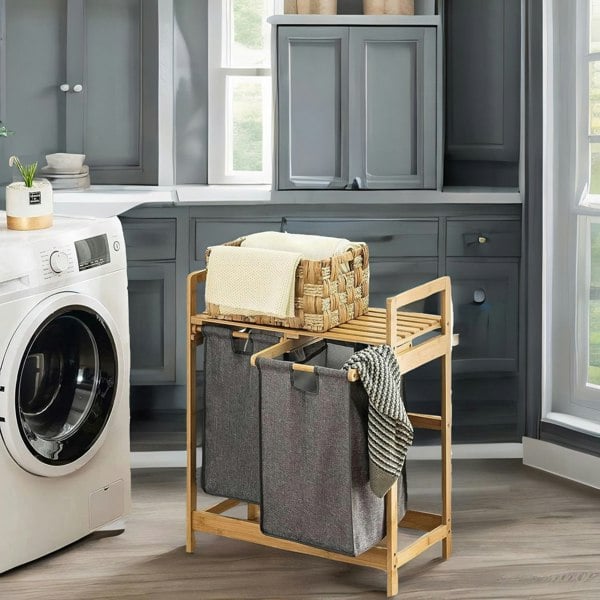 BMBO Wooden Grey Pull Out Double Laundry Basket With Shelf