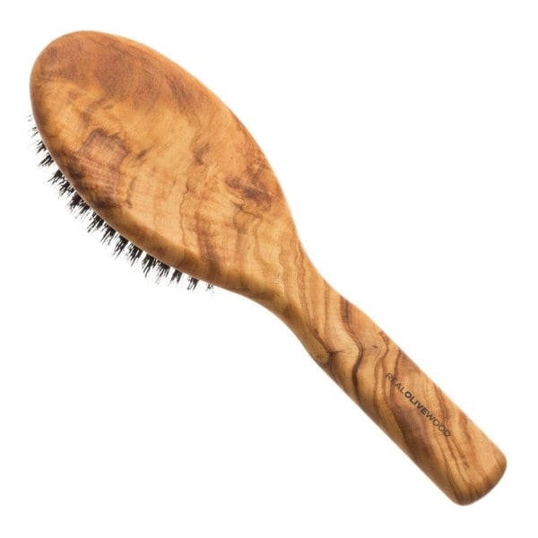 Hydréa London Premium Olive Wood Boar Bristle Hair Brush with No-Pull Cushion – Smooth & Shine